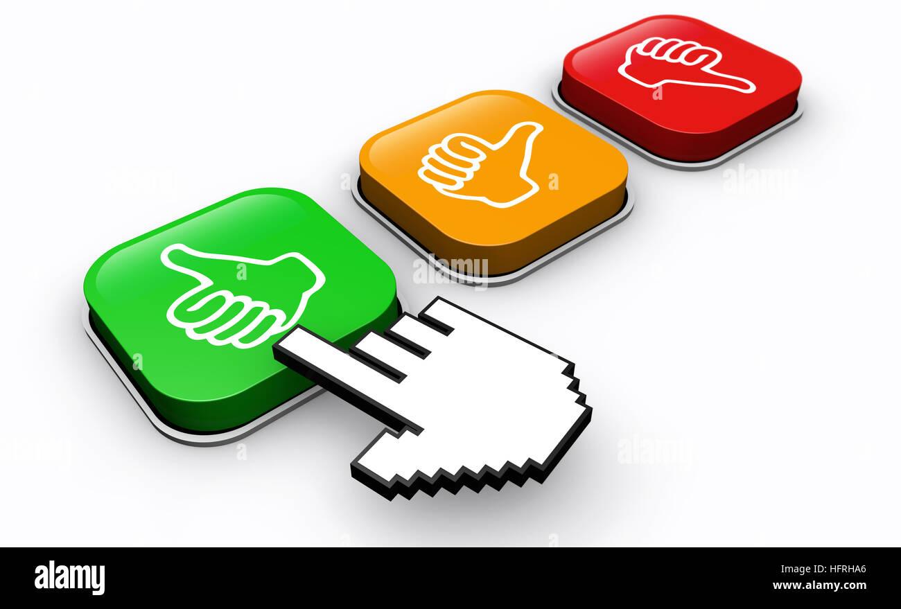 Soddisfazione del cliente fare clic su feedback positivo business pulsante e concetto di commercializzazione. Foto Stock