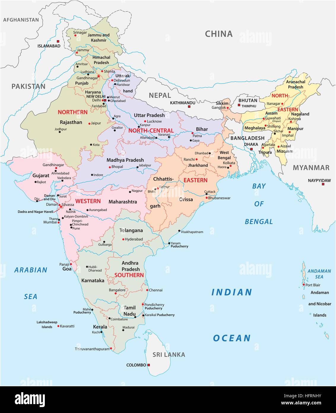 India politica e amministrativa di zone della mappa vettoriale Illustrazione Vettoriale