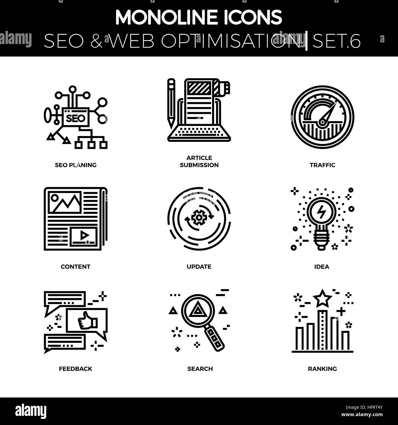 Linea di set di icone con design piatto di ottimizzazione per i motori di ricerca. Seo piallatura, presentazione dell'articolo, traffico, contenuti, aggiornare, idea, feedback, ricerca, rank Illustrazione Vettoriale