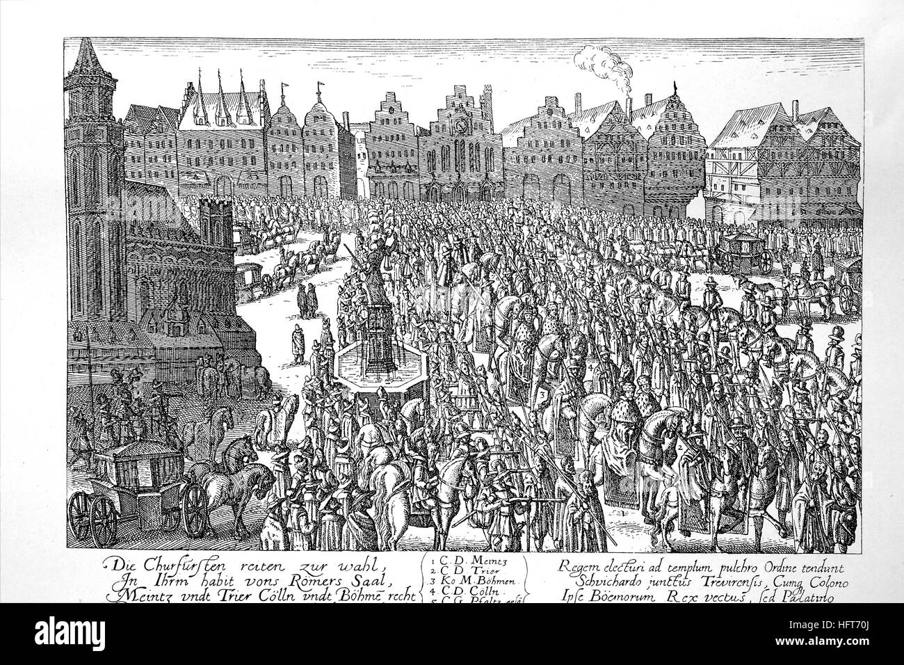 Prozession degli elettori all'incoronazione di Ferdinando II a Frankfurt am Main, 1619, Germania, xilografia a partire dall'anno 1885, digitale migliorata Foto Stock