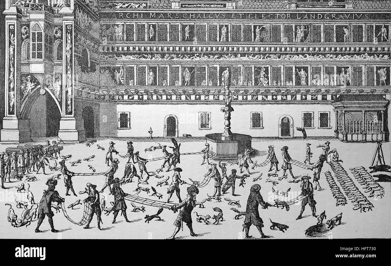 Fox tossing nel cortile di Dresda, Fuchsprellen, è stato un popolare sangue competitivo sport in parti dell'Europa nei secoli XVII e XVIII, xilografia a partire dall'anno 1885, digitale migliorata Foto Stock