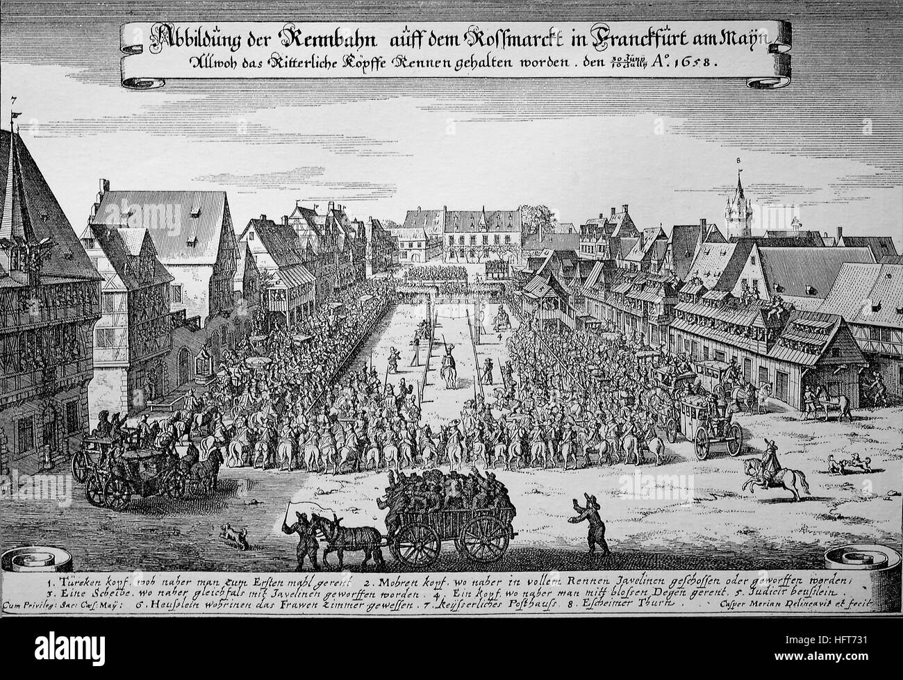 Illustrazione della pista al Rossmarkt in Frankfurt am Main, Ringstechen sul Roßmarkt alla elezione di Leopoldo I 1658, xilografia a partire dall'anno 1885, digitale migliorata Foto Stock