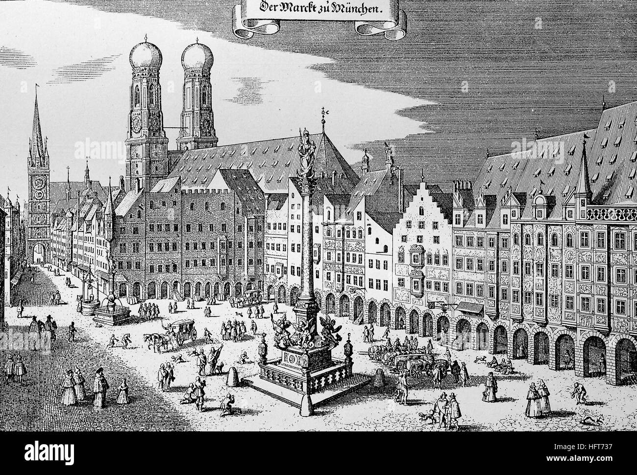 La piazza del mercato di Monaco di Baviera con la Mariensäule, che fu costruito per commemorare la partenza degli svedesi, xilografia a partire dall'anno 1885, digitale migliorata Foto Stock