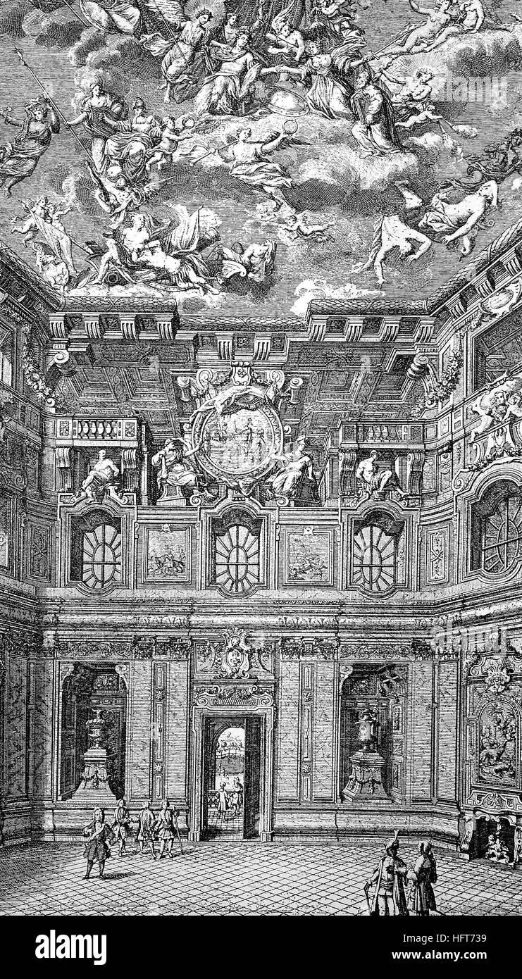 La sala principale di marmo nel Palazzo del Principe Eugenio di Savoia a Vienna, xilografia a partire dall'anno 1885, digitale migliorata Foto Stock