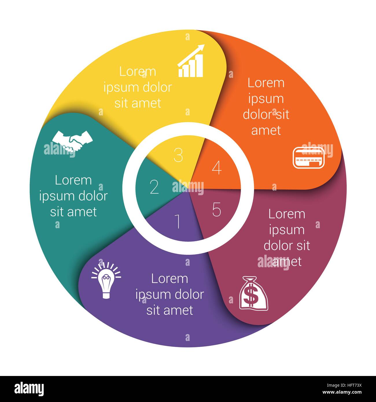 Grafico a torta schema degli elementi dei dati per il modello infographics cinque posizione Illustrazione Vettoriale