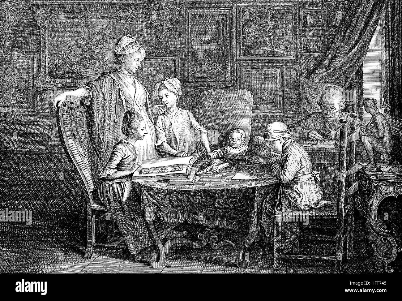Daniel Niklaus Chodowiecki, 1726-1801, un polacco e tedesco in seguito pittore e incisore, a casa nella sua famiglia, attacco da lui stesso, xilografia a partire dall'anno 1885, digitale migliorata Foto Stock