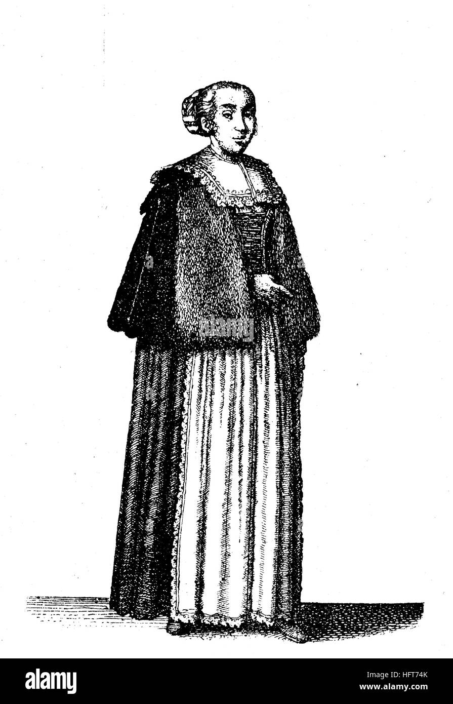 Il tedesco Costume tradizionale femminile nel XVII secolo, vestiti dei cittadini di Praga, ora la Repubblica ceca, la moda, la xilografia a partire dall'anno 1885, digitale migliorata Foto Stock