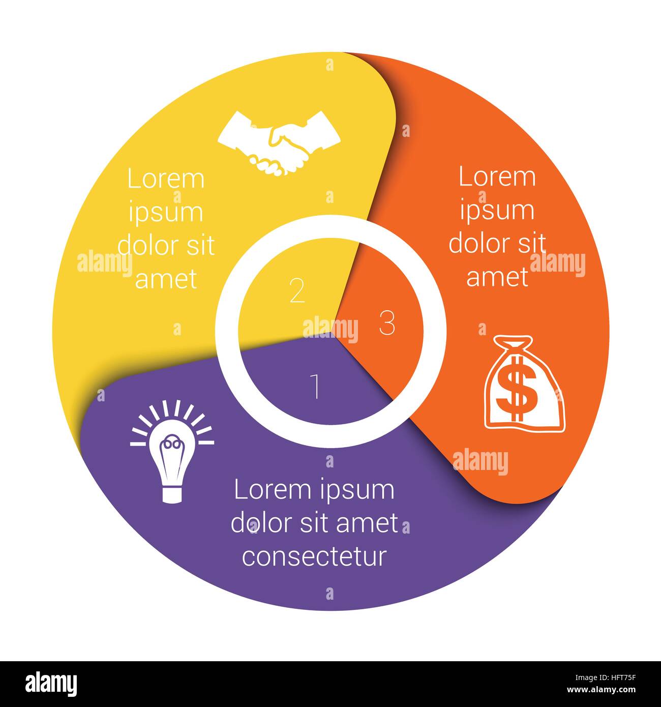 Grafico a torta schema degli elementi dei dati per il modello infographics a tre posizioni Illustrazione Vettoriale