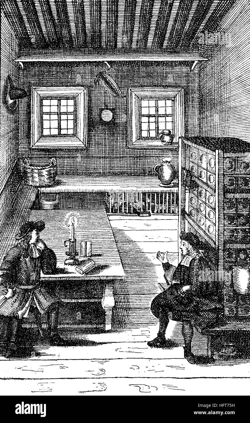 Due uomini in una stanza di una casa colonica, tardo XVII secolo, Germania, xilografia a partire dall'anno 1885, digitale migliorata Foto Stock