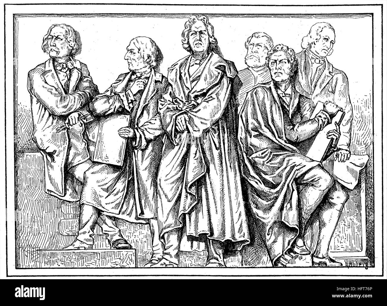 Da sinistra, Wilhelm von Kaulbach, Peter von Cornelius, Christian Daniel Rauch, Gustav Blaeser, Karl Friedrich Schinkel e Friedrich August Stueler, sono le persone da Relieffries di Geyer nella Galleria Nazionale di Berlino, Germania, xilografia a partire dall'anno 1885, digitale migliorata Foto Stock