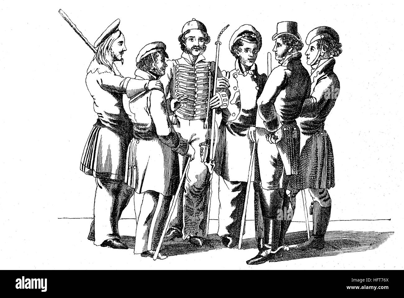 La vita degli studenti intorno al 1820-1830, un gruppo di studenti, in Germania, la xilografia a partire dall'anno 1885, digitale migliorata Foto Stock