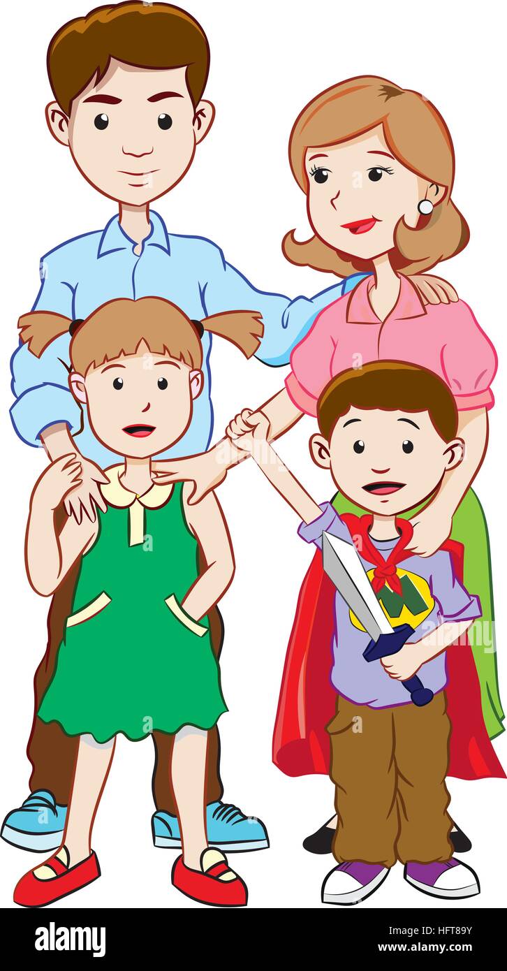 Colorato felice famiglia con due bambini, vettore di cartoon Illustrazione Vettoriale