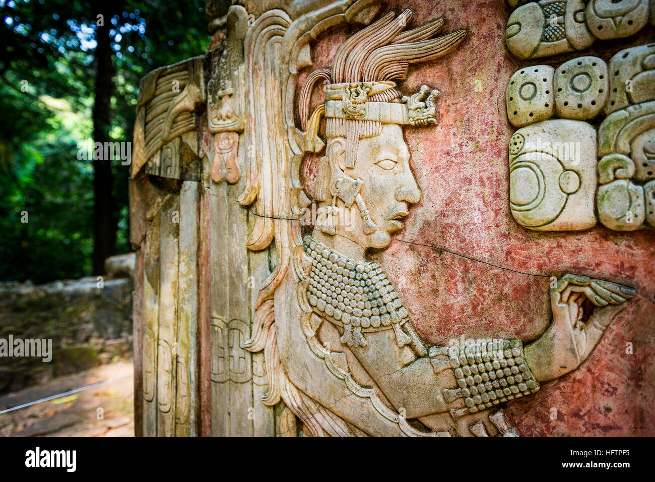 Dettaglio di un bassorilievo carving nell'antica città maya di Palenque, Chiapas, Messico Foto Stock