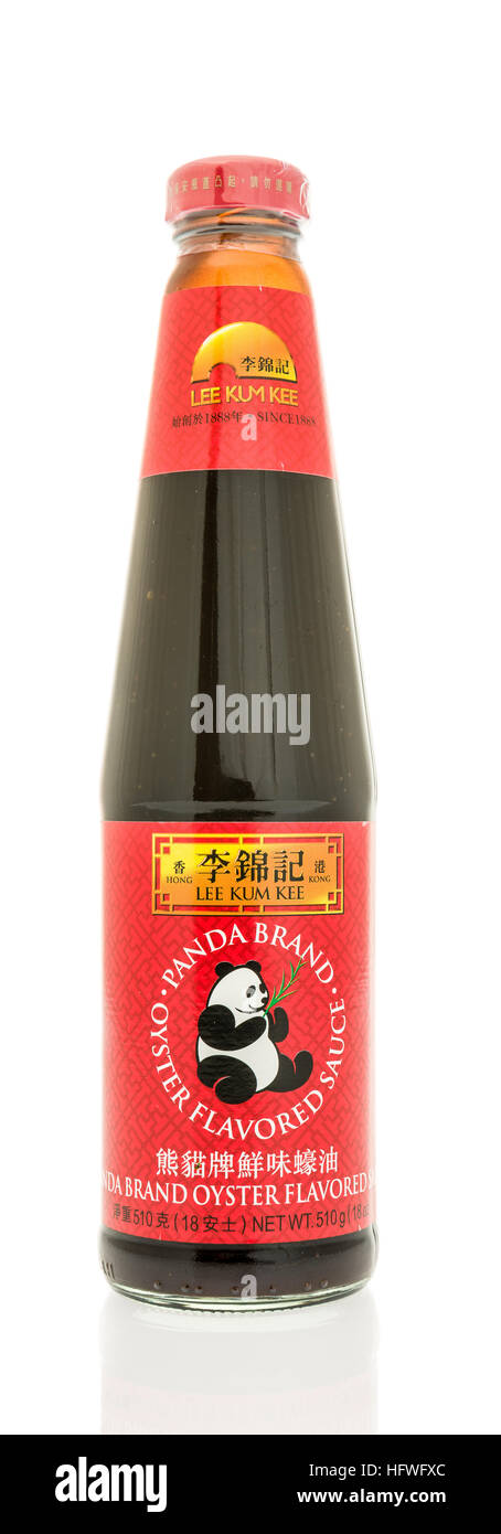 Winneconne, WI - 2 Novembre 2016: Bottiglia di Lee Kum Kee panda marca la salsa di ostriche isolato su un background. Foto Stock