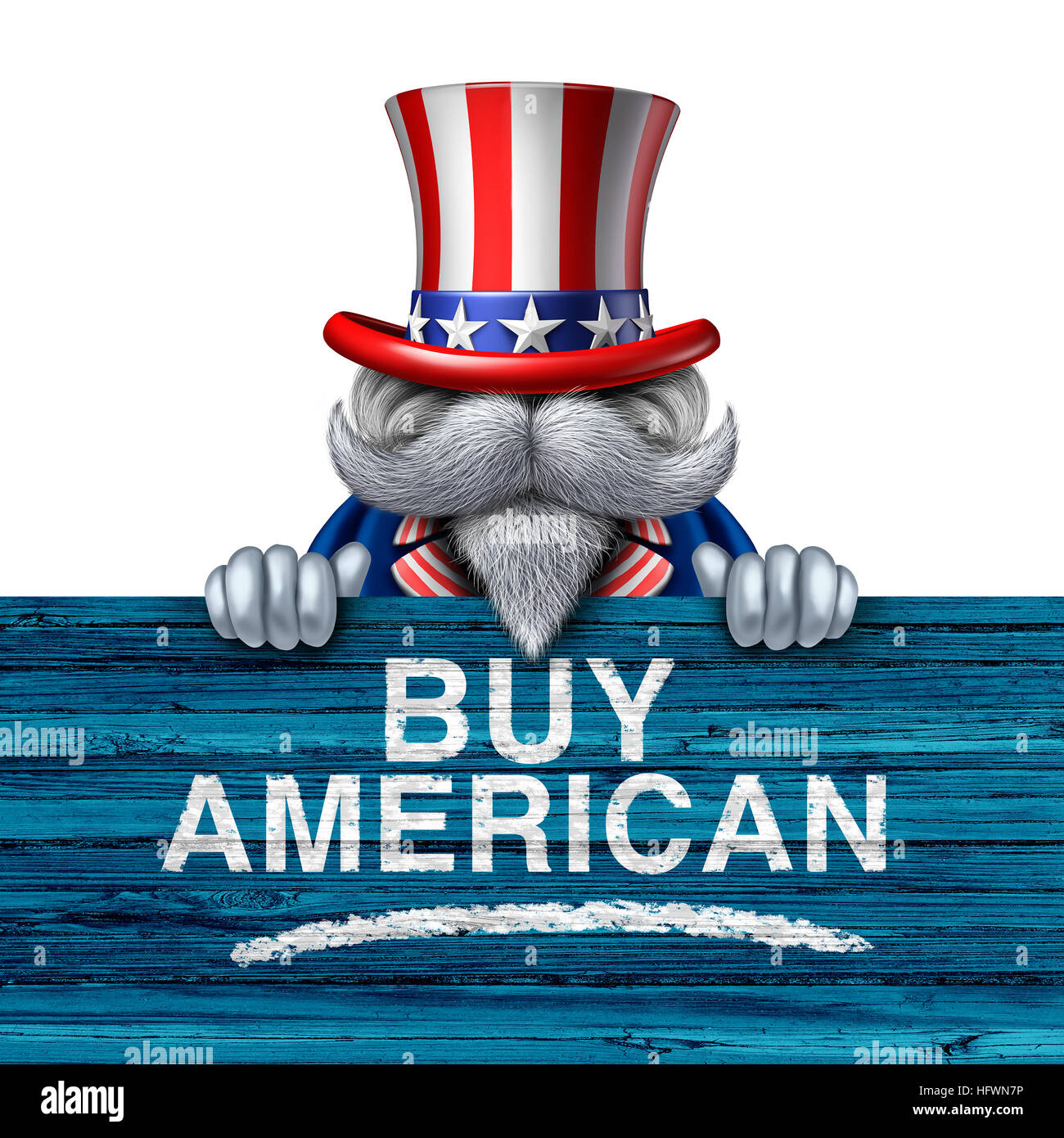 Buy American business concetto come Stati Uniti d'America personaggio tenendo un cartello patriottica con testo dipinta come una campagna di marketing per il national Foto Stock
