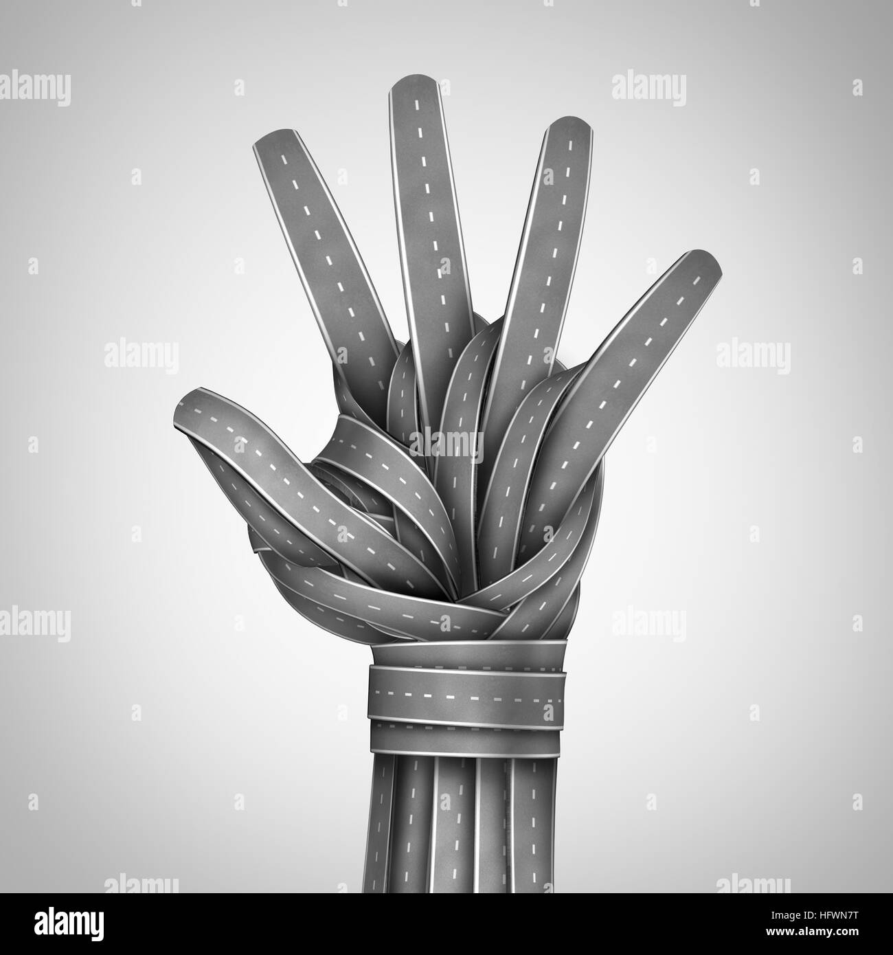 Strada di arresto a mano gesto come un simbolo di accesso vietato o vietate di viaggio o di accelerazione durante la guida ubriaco metafora di avvertimento con un gruppo di autostrada o Foto Stock