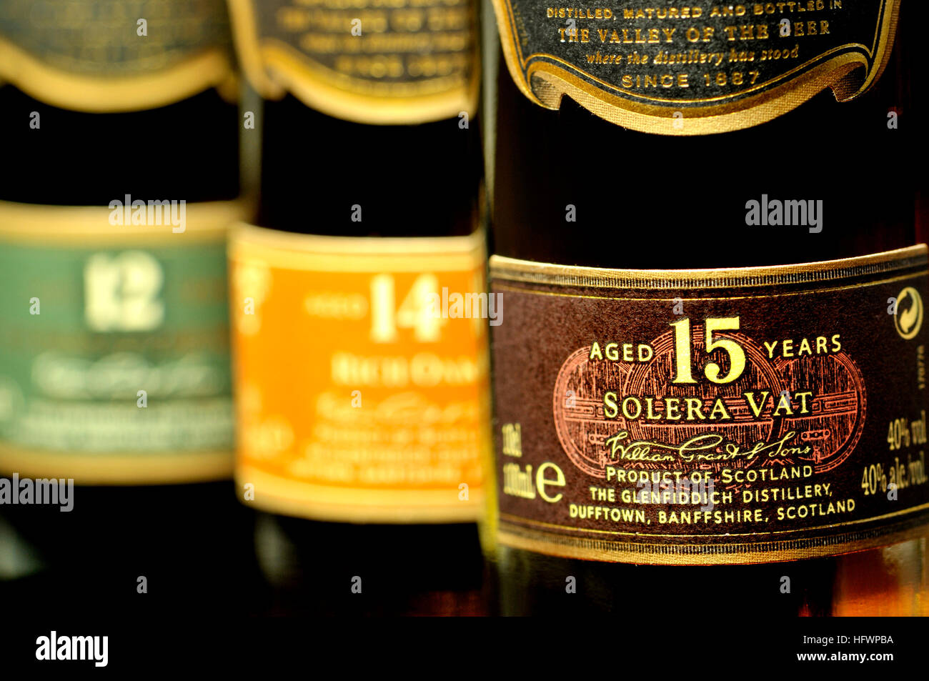 Bottiglie di whisky - (Glenfiddich) 12, 14 e 15 anni Foto Stock