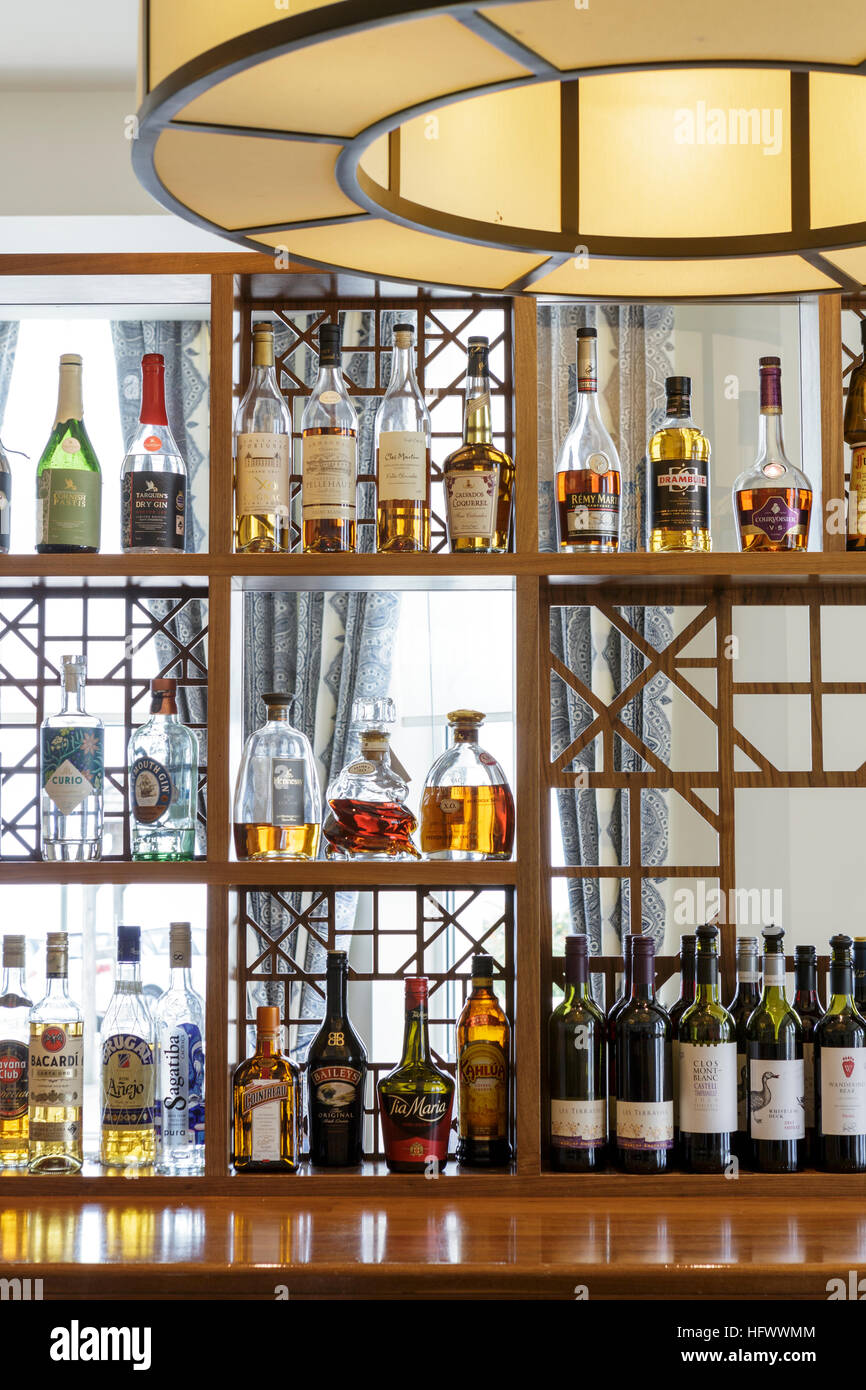 Fornitissimo bar con bevande alcoliche e vino Foto Stock