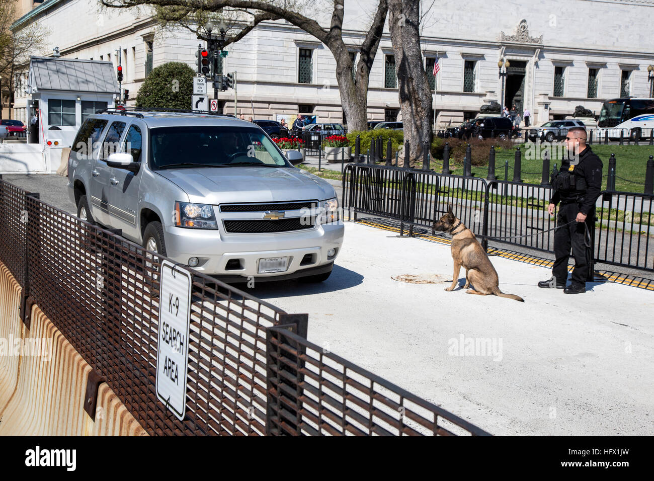 K-9 bomba-sniffing Dog intorno alla Casa Bianca di perimetro di sicurezza. Washington, D.C. Foto Stock