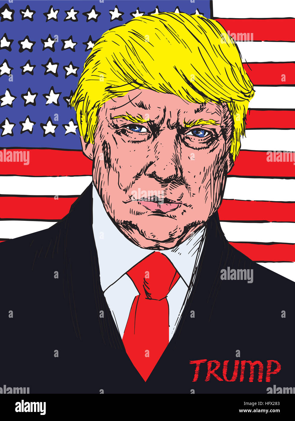 Ritratto di Donald Trump sullo sfondo della bandiera americana,  illustrazione in pop art style Foto stock - Alamy