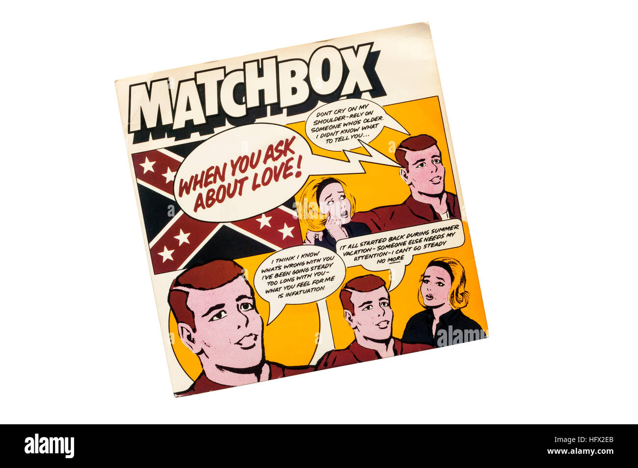 Quando si chiede circa l'Amore! Dalla lingua inglese rockabilly band Matchbox rilasciato nel 1980. Foto Stock