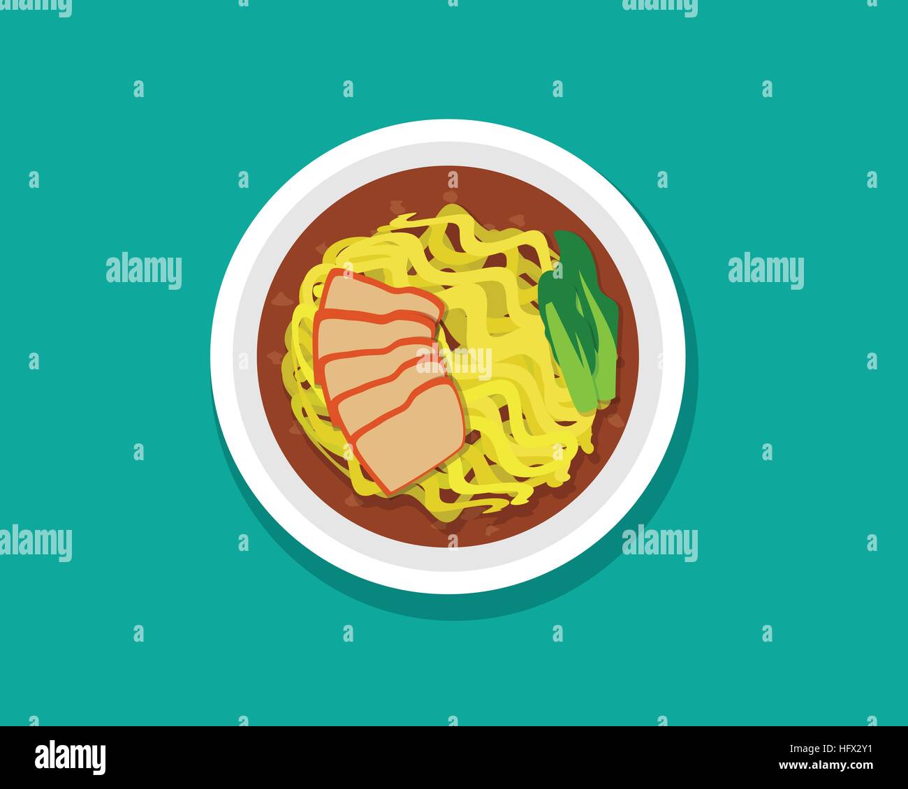 Uovo zuppa di noodle con arrosto di maiale e la minestra, vista dall'alto, vettore Illustrazione Vettoriale