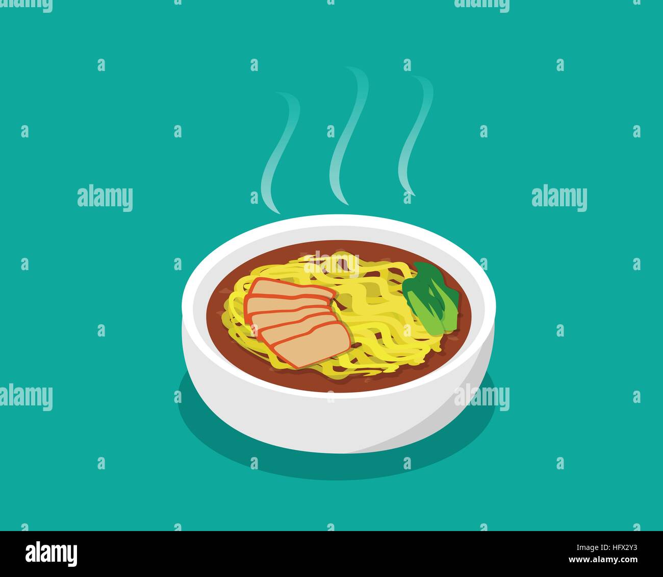 Uovo zuppa di noodle con arrosto di maiale e la minestra in 3d, vettore Illustrazione Vettoriale