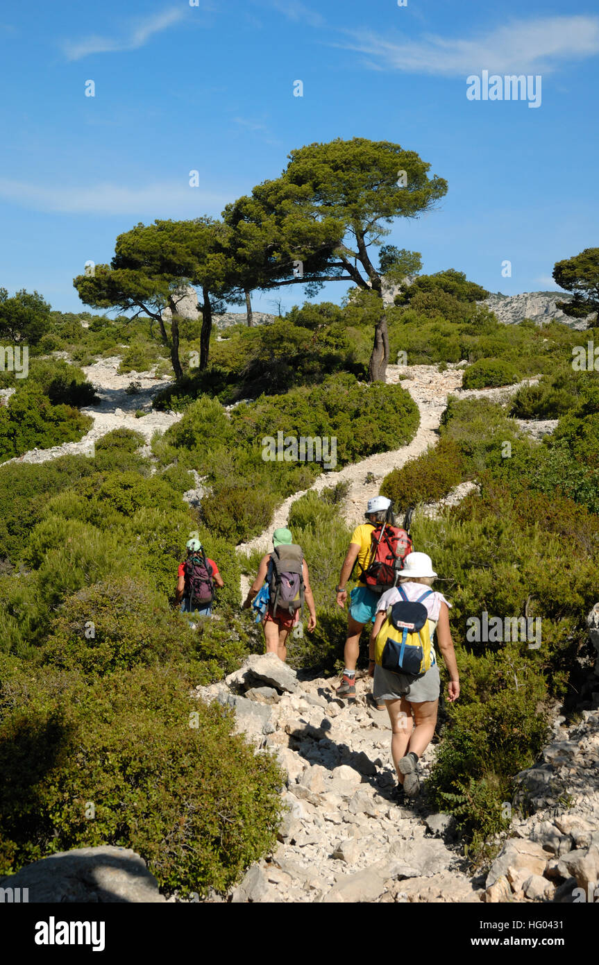 Walkers su un percorso o un sentiero vicino la Calanque d'En Vau nelle calanche Parco Nazionale di Cassis Provenza Francia Foto Stock