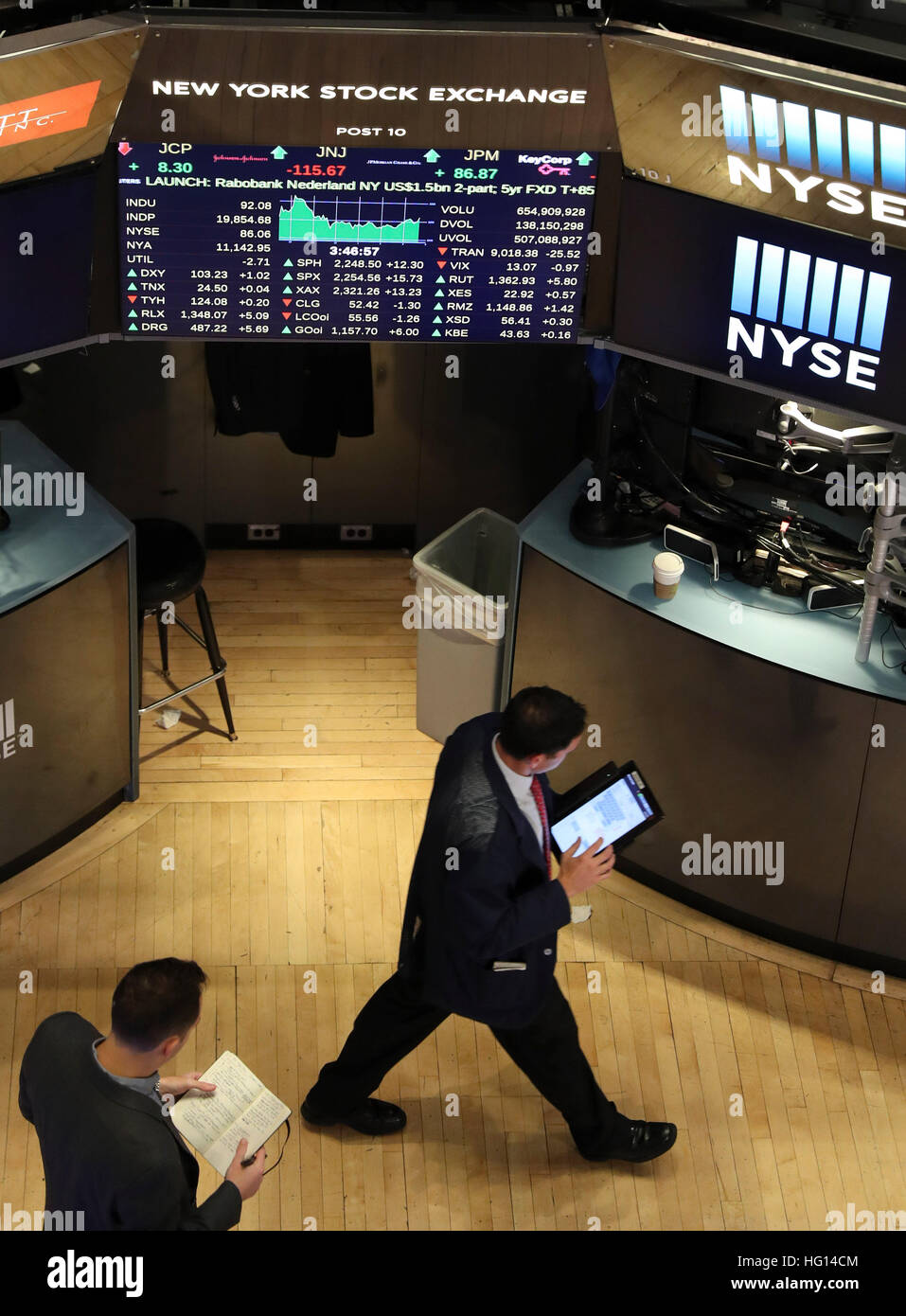 New York, Stati Uniti d'America. 3 gennaio, 2017. I trader lavorano presso il New York Stock Exchange di New York, gli Stati Uniti, a gennaio 3, 2017. Gli stock degli Stati Uniti ha rimbalzato Martedì il primo giorno di negoziazione del 2017. Il Dow Jones Industrial Average rose 119.16 punti, o 0,60 percento, a 19,881.76. S&P 500 aggiunto 19.00 punti, o 0,85 percento, per 2,257.83. Il Nasdaq Composite Index salito 45.97 punti, o 0,85 percento, per 5,429.08. © Wang Ying/Xinhua/Alamy Live News Foto Stock