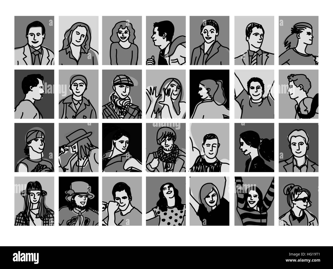 Impostare gli avatar in bianco e nero di persone icone. Illustrazione Vettoriale