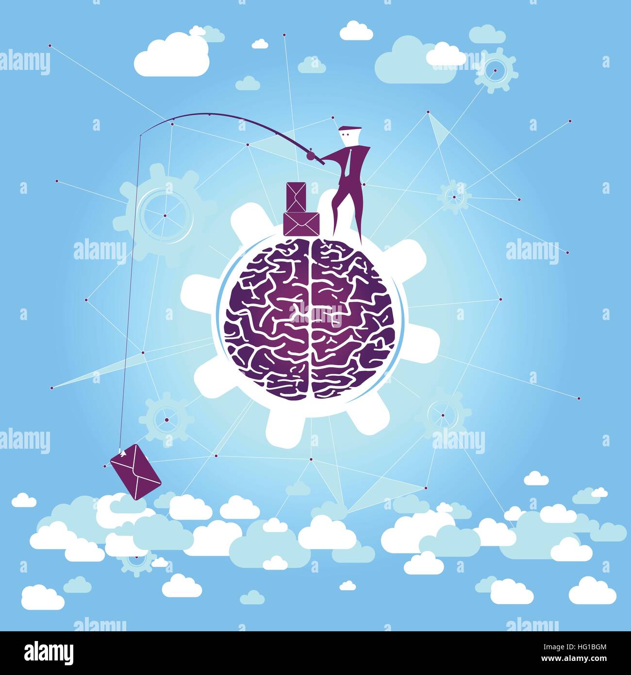 Cerca la mente / il traffico nel cervello. Illustrazione Vettoriale con cervello e sfondo blu. Illustrazione Vettoriale