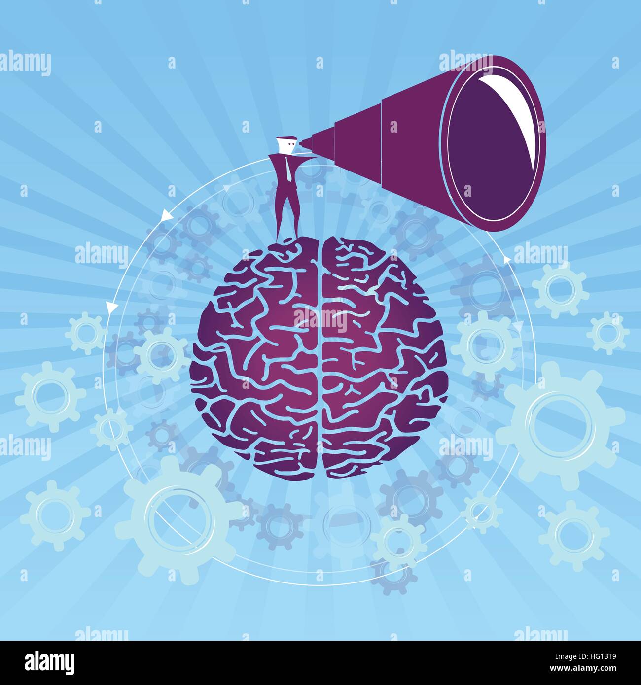 Cerca la mente / guardando il cervello. Illustrazione Vettoriale con cervello e sfondo blu. Illustrazione Vettoriale