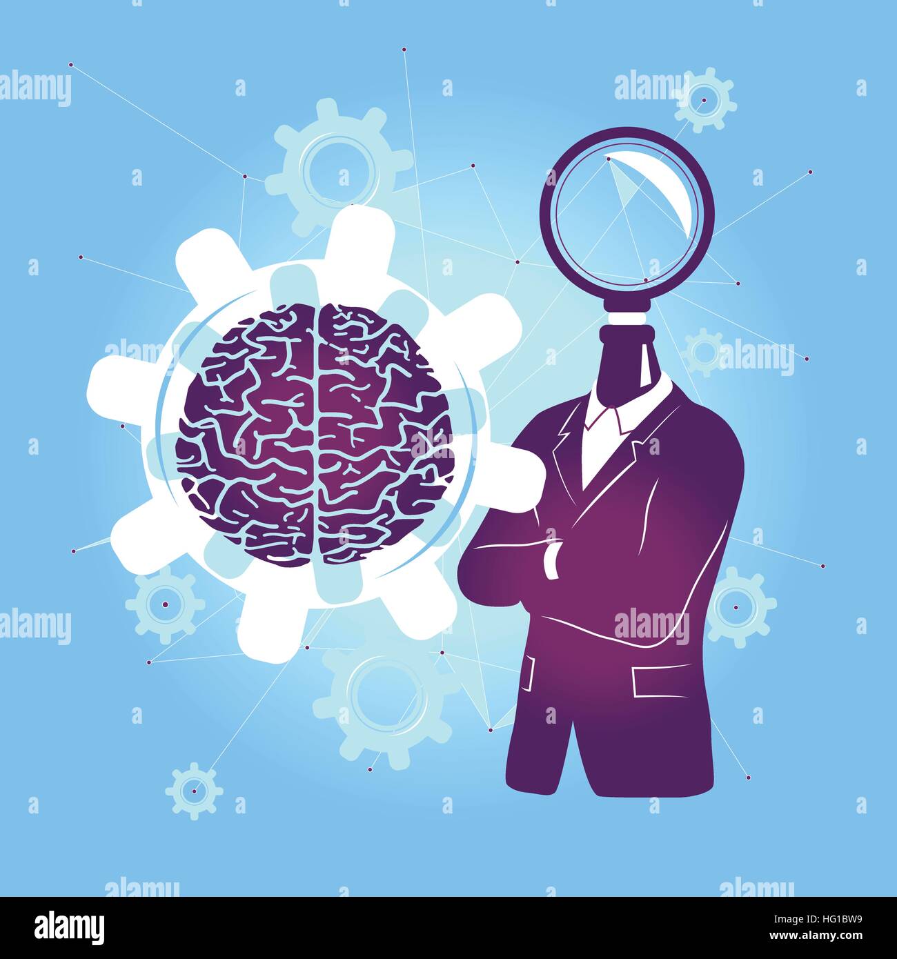 Cerca la mente / guardando il cervello. Illustrazione Vettoriale con cervello e sfondo blu. Illustrazione Vettoriale