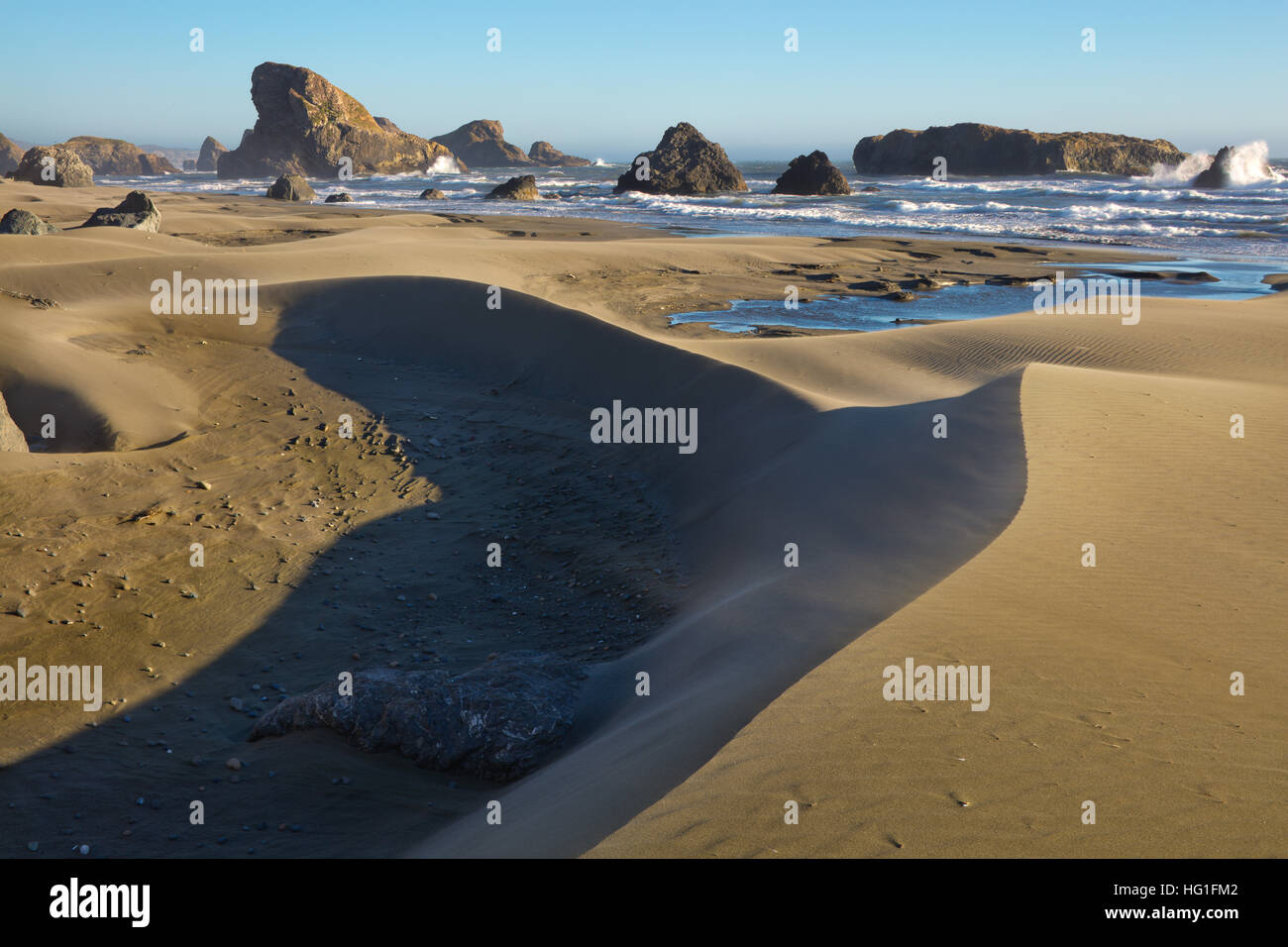 Oro spiaggia mare pile e Shadow, Oregon Foto Stock