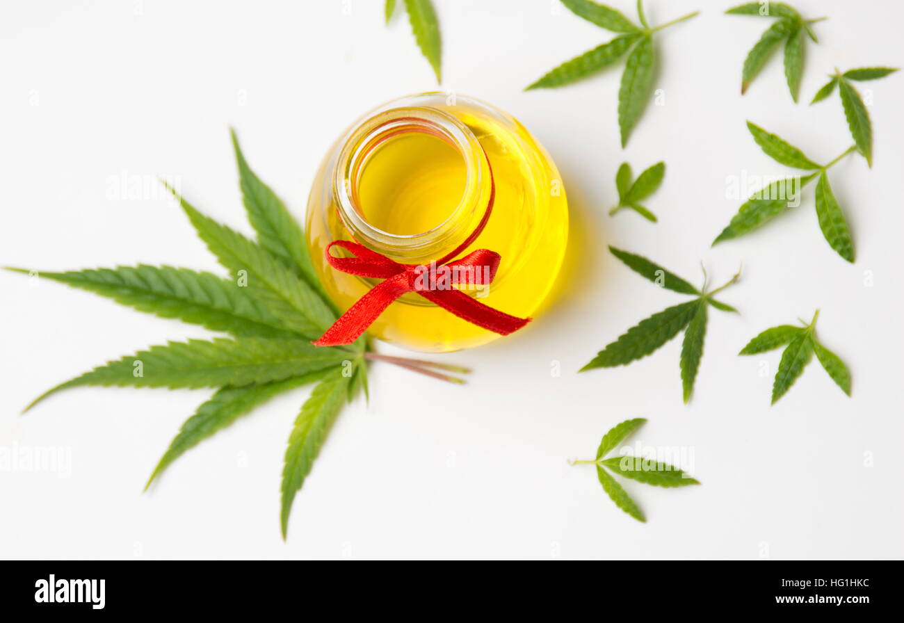 Foglie di cannabis e olio su sfondo bianco Foto Stock