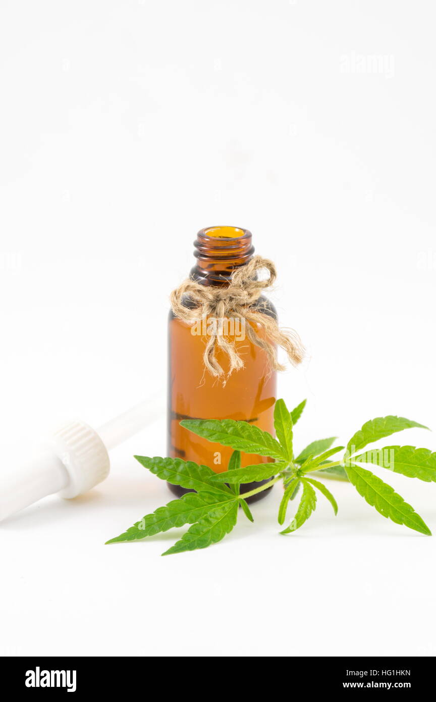 Foglie di cannabis e olio su sfondo bianco Foto Stock