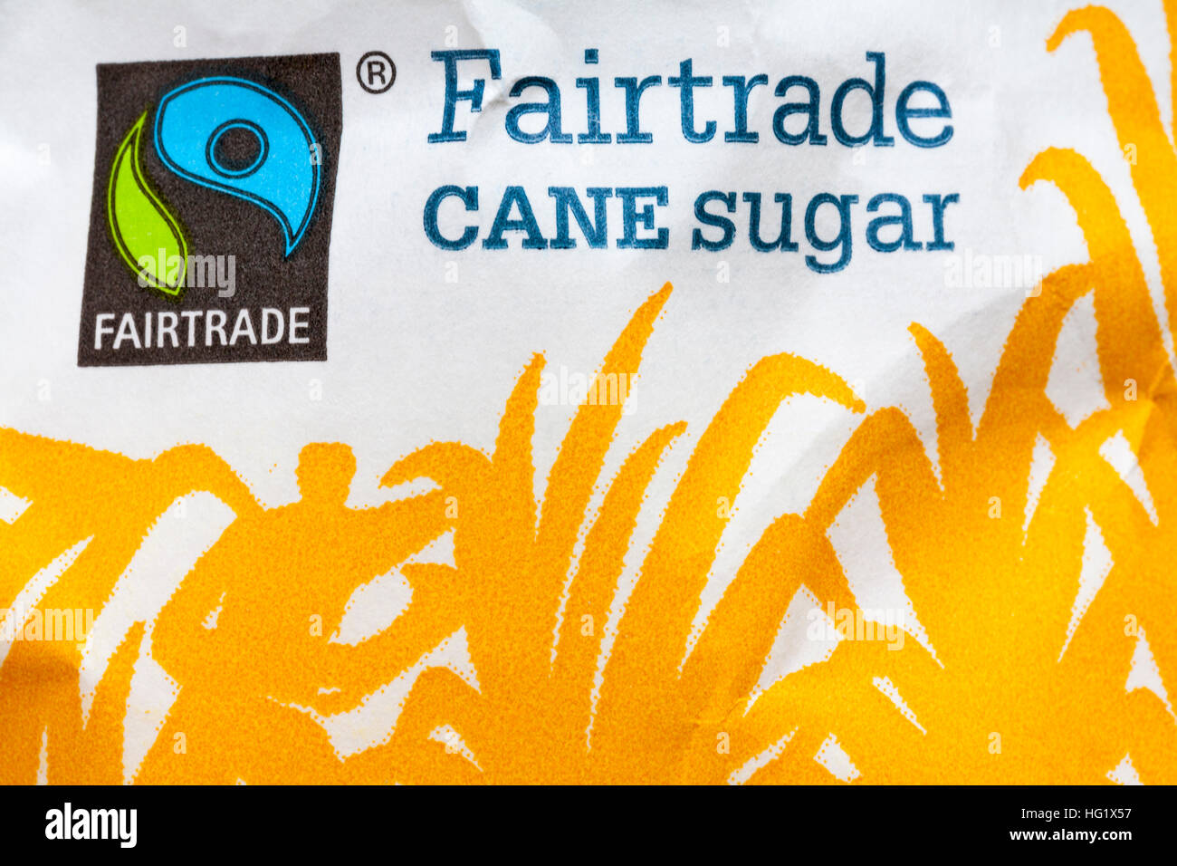 Fairtrade logo lo zucchero di canna sul pacchetto di Tate and Lyle Fairtrade zucchero semolato - Fairtrade simbolo logo del commercio equo e solidale Foto Stock