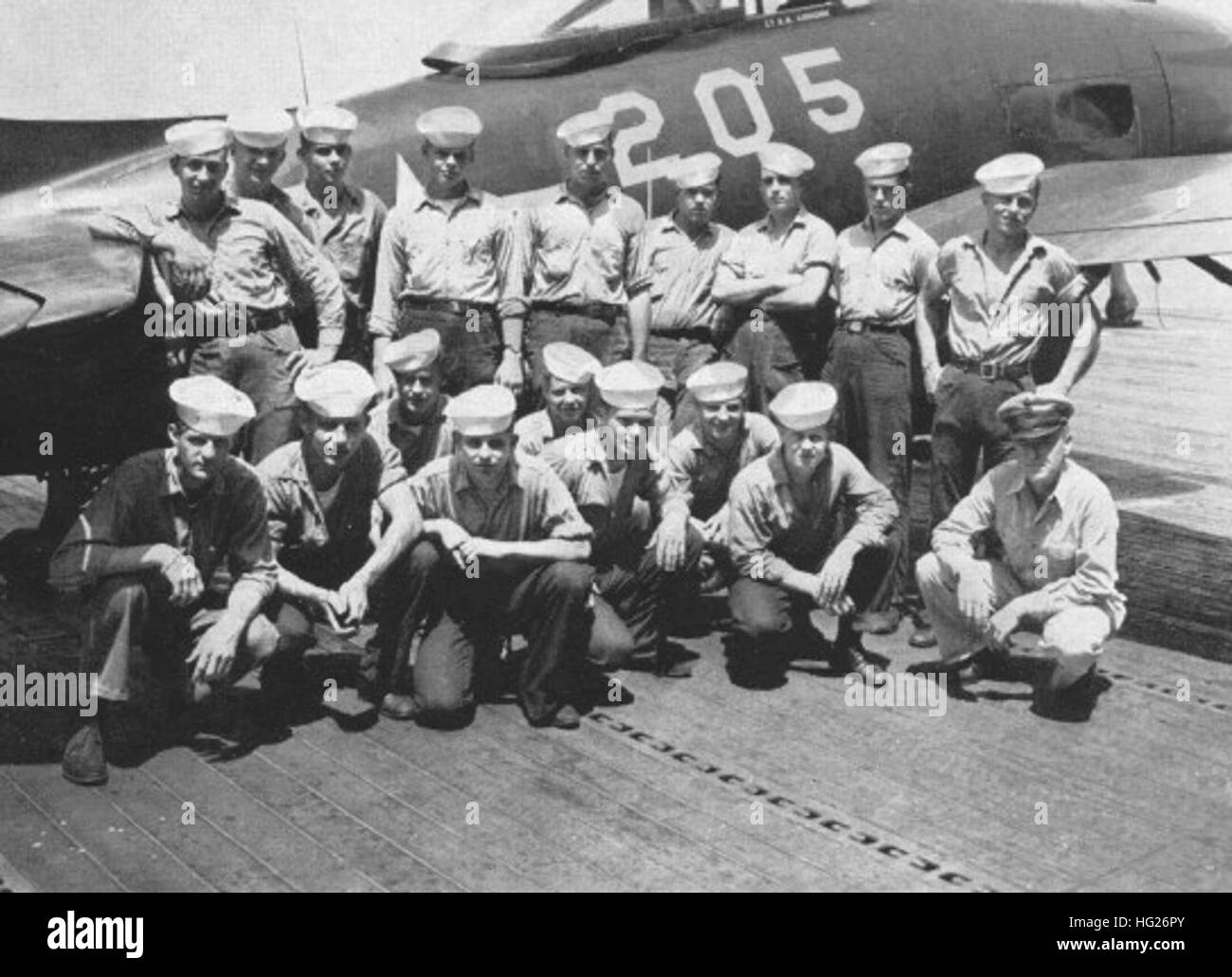 US Navy piano capitani di VF-4A con F8F sulla USS Kearsarge (CV-33) nel 1947 Foto Stock