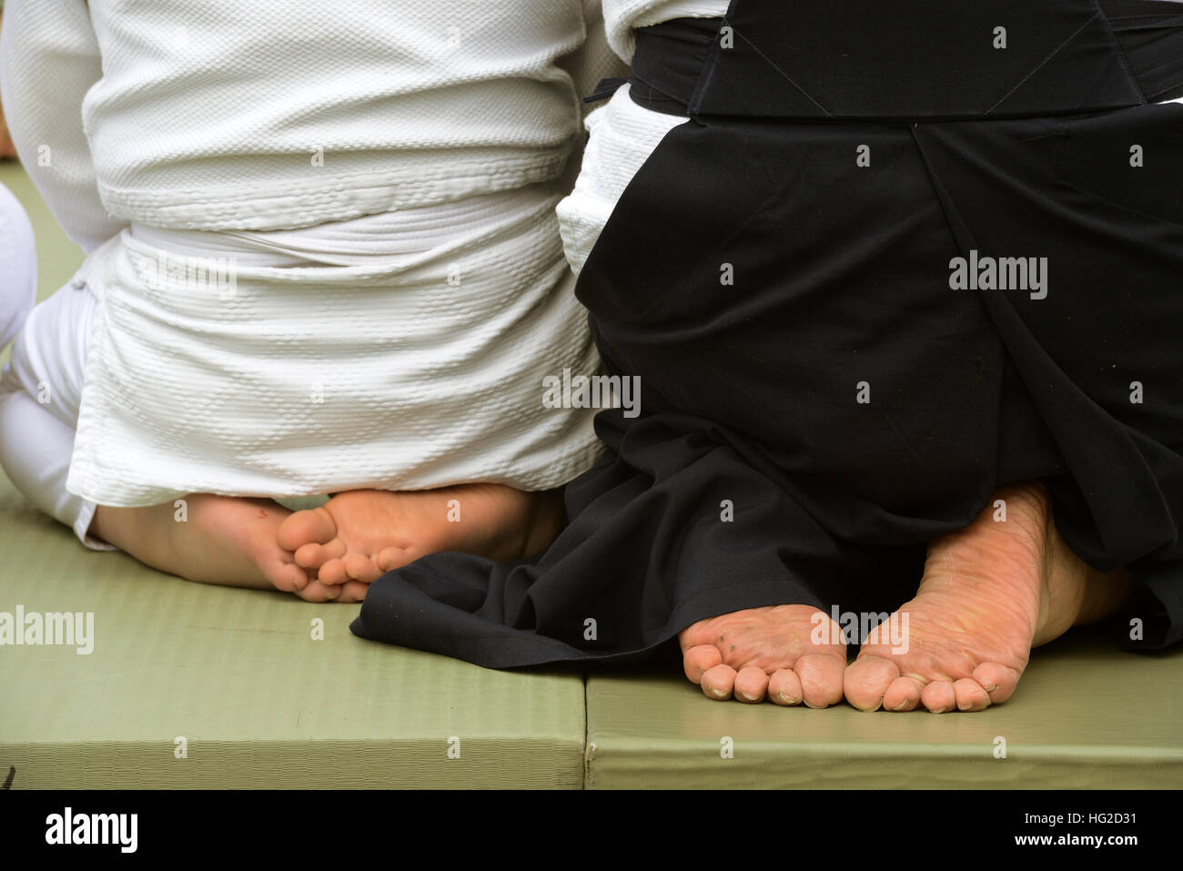 Aikido fighter piedi sul tappetino, orizzontale Foto Stock