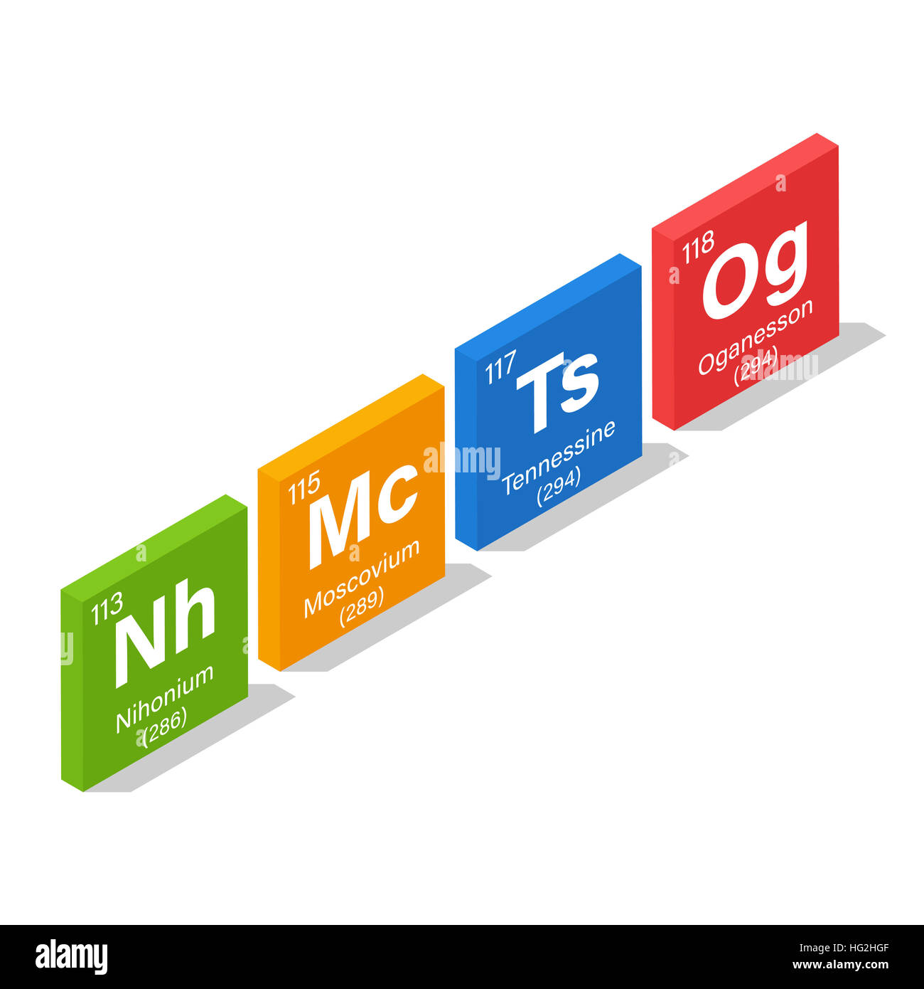 2016 nuovi elementi nella tavola periodica - Nihonium, Moscovium, Tennessine e Oganesson - 3D isometrica style Foto Stock
