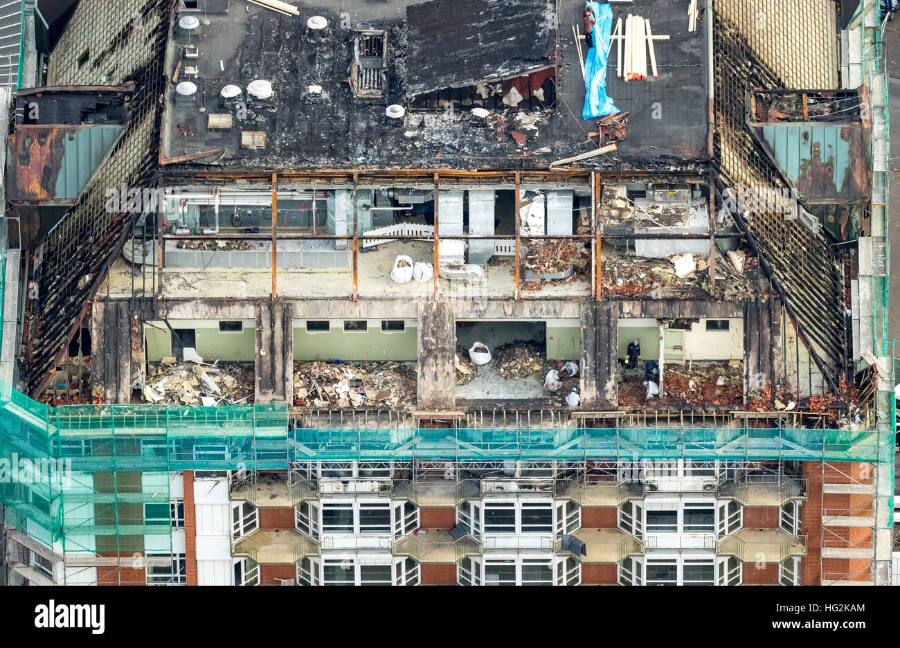 Vista aerea, l'eliminazione di danni da incendio in ospedale Bergmannsheil, Ospedale dell'Università di Bochum, Dachstuhlbrand, ristrutturazioni, Foto Stock