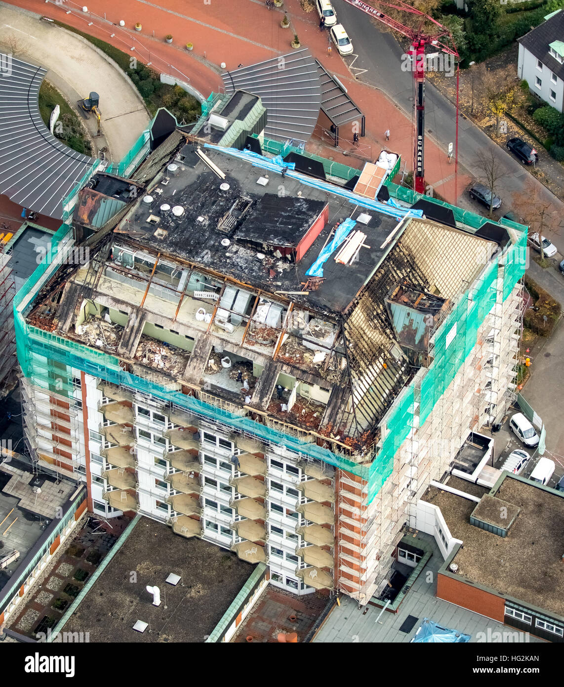 Vista aerea, l'eliminazione di danni da incendio in ospedale Bergmannsheil, Ospedale dell'Università di Bochum, Dachstuhlbrand, ristrutturazioni, Foto Stock