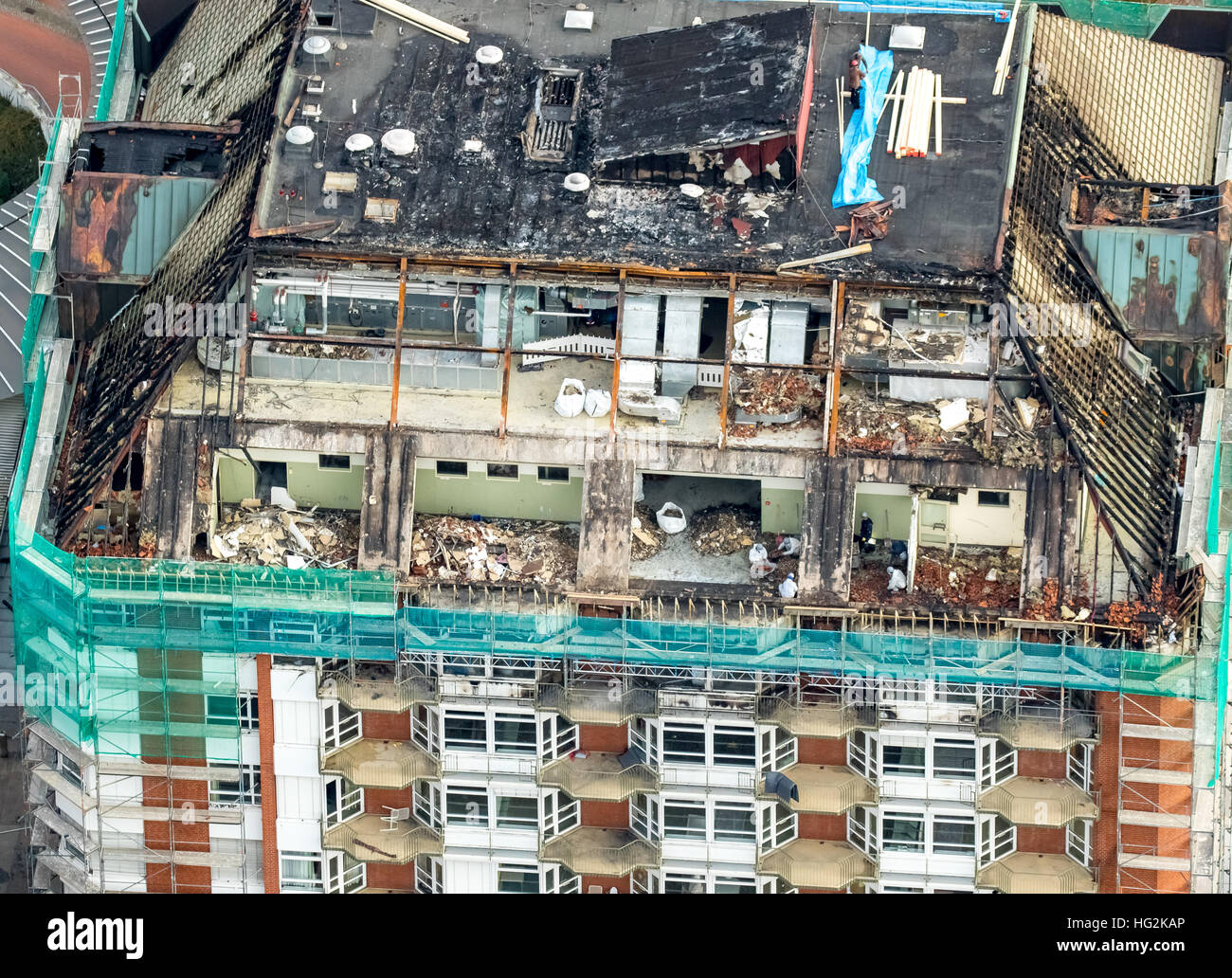 Vista aerea, l'eliminazione di danni da incendio in ospedale Bergmannsheil, Ospedale dell'Università di Bochum, Dachstuhlbrand, ristrutturazioni, Foto Stock