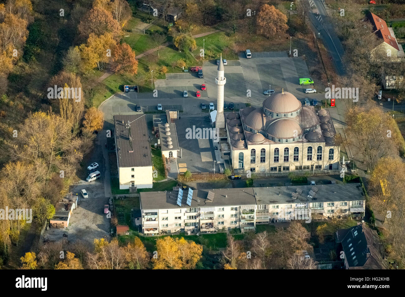 Antenna, DITIB Moschea Merkez Duisburg, Islam, minareto, più grande moschea in Germania, Duisburg, Ruhr aeria, Renania settentrionale-Vestfalia Foto Stock