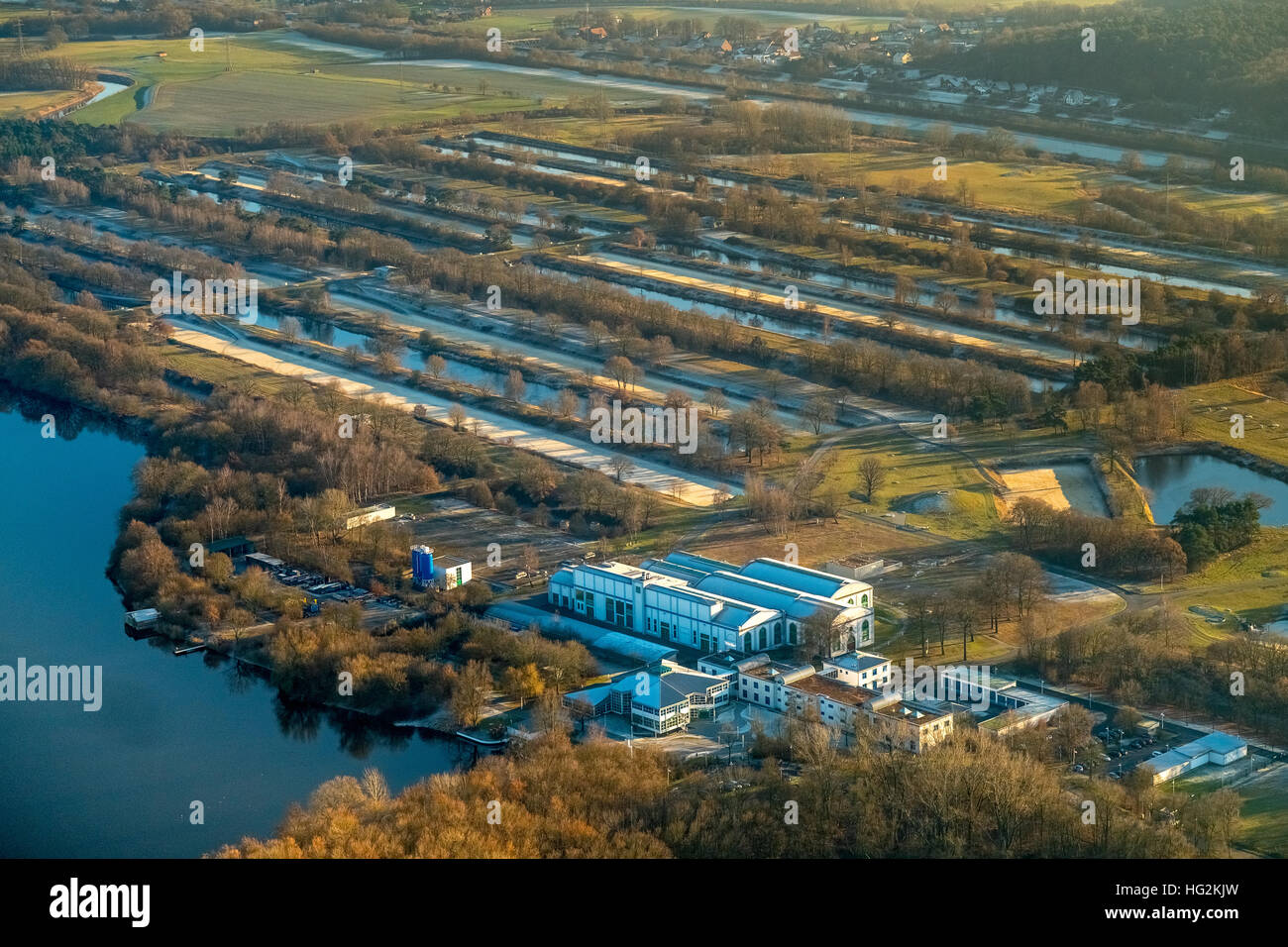 Vista aerea, Gelsenwasser AG, impianto di trattamento delle acque, impianto acqua a sud di Haltern serbatoio s, Haltern am See, Münsterland, Foto Stock