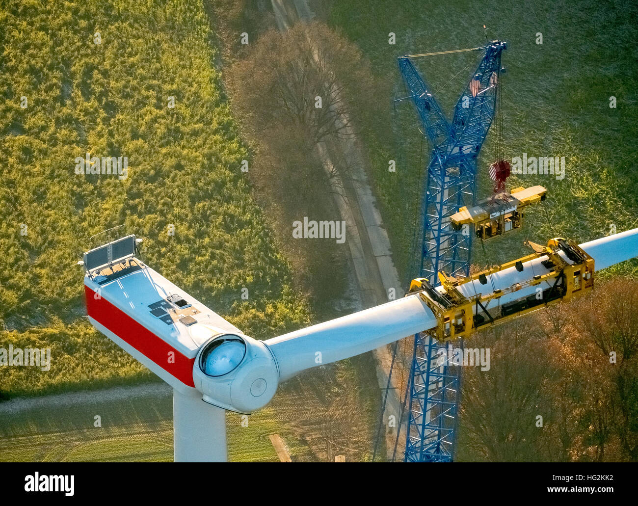 Vista aerea, impianto eolico, wind farm Uphusen tra Lavesumer street e Münsterstraße, costruzione di turbine eoliche Foto Stock