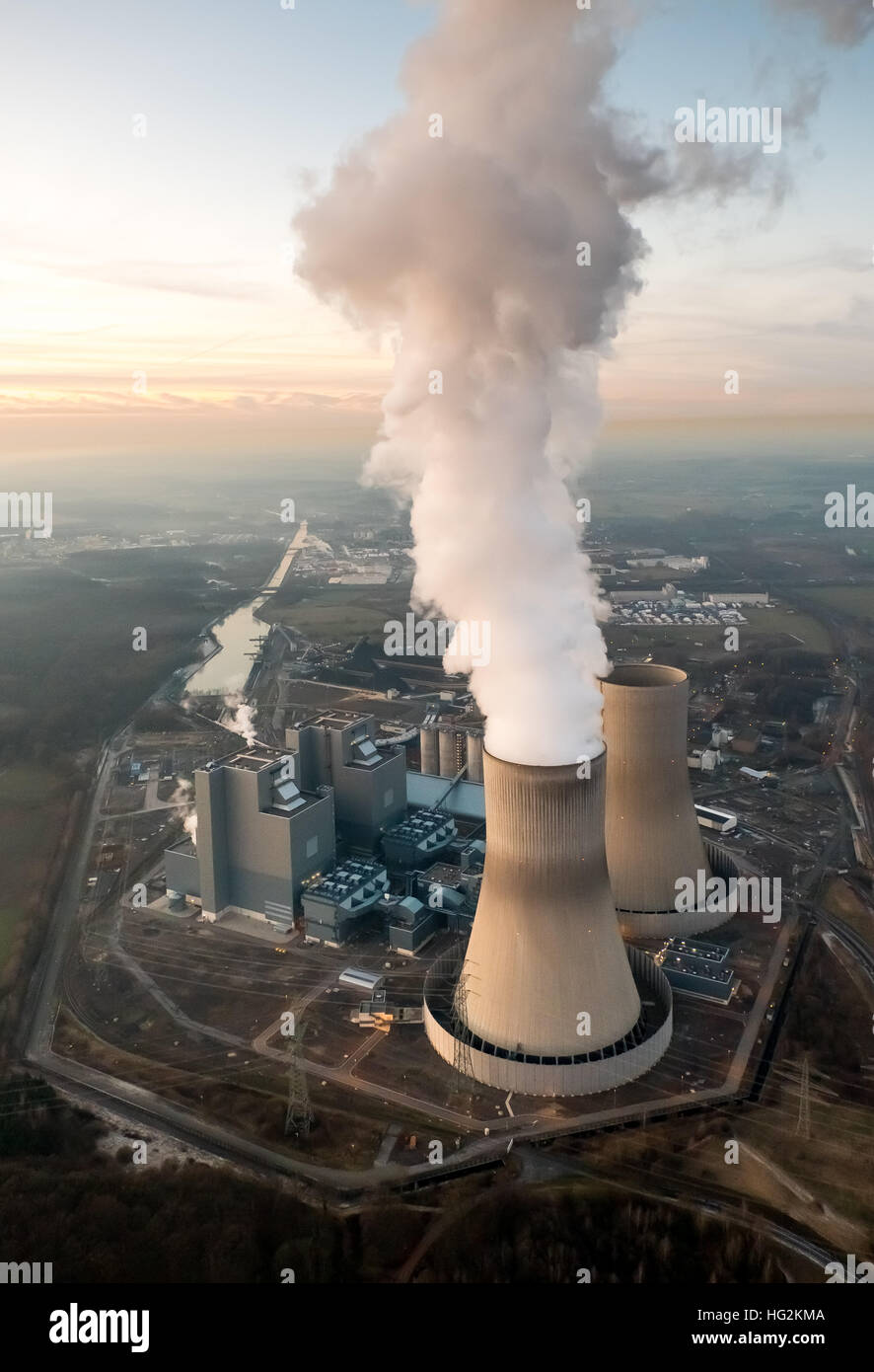Vista aerea, impianto alimentato a carbone in Westfalia, RWE Power, una ex centrale nucleare THTR Hamm Uentrop, Foto Stock