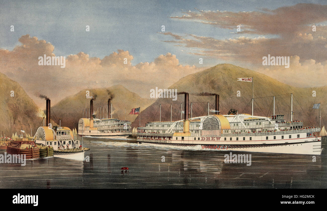 American piroscafi sull'Hudson: passando le highlands 1874 Foto Stock
