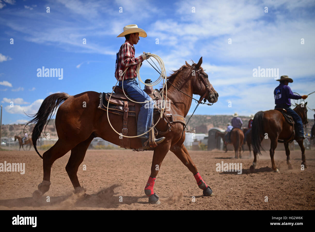 Rodeo concorrenza durante la Navajo Nation Fair, rinomata in tutto il mondo come evento che mette in mostra l'agricoltura Navajo, belle arti e mestieri, con la promozione e pr Foto Stock