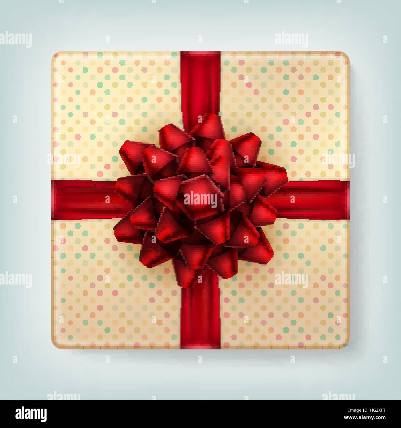 Arco rosso sul polka dot confezione regalo vista dall'alto. EPS10 Illustrazione Vettoriale